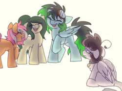 Size: 800x600 | Tagged: safe, artist:php193, oc, oc only, oc:gryph xander, oc:myrtle remedy, oc:peachy, oc:raevyn, earth pony, pegasus, female, friends, goggles, goggles on head, happy, laughing, male, mare, sad, smiling, stallion, vent art, watching