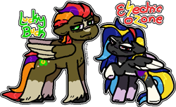 Size: 589x361 | Tagged: safe, artist:sexygoatgod, oc, oc only, oc:electric ozone, oc:lucky buck, pegasus, pony, chibi, duo, female, male, mare, stallion