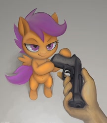 Size: 1000x1152 | Tagged: safe, artist:darkdoomer, scootaloo, pegasus, pony, g4, beretta, beretta 92fs, bipedal, female, filly, foal, go do a crime, gun, hand, lidded eyes, meme, ponified meme, smiling, standing, this will end in tears and/or death and/or covered in tree sap, weapon, wings