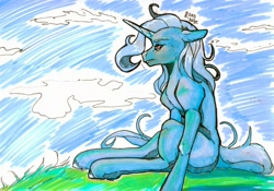 Size: 1280x894 | Tagged: safe, artist:raychelrage, trixie, pony, unicorn, g4, horn, outdoors, signature, sitting, solo, traditional art