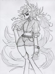 Size: 945x1280 | Tagged: safe, artist:raychelrage, oc, oc only, oc:rachel rage, pegasus, semi-anthro, belly, clothes, female, hoof on hip, midriff, monochrome, solo, traditional art, unshorn fetlocks, watch