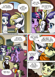 Size: 1204x1700 | Tagged: safe, artist:tarkron, rarity, spike, theodore donald "donny" kerabatsos, twilight sparkle, oc, oc:cosmo cool, alicorn, dragon, pony, unicorn, comic:the royal sandal, g4, butt, comic, horn, plot, speech bubble, twilight sparkle (alicorn)