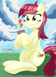 Size: 4842x6630 | Tagged: safe, artist:miranda_17, roseluck, earth pony, pony, g4, cloud, cute, digital art, female, flower, grass, looking at you, looking left, outdoors, rose, sky, solo