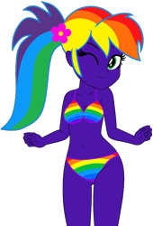 Size: 1273x1874 | Tagged: safe, artist:star-armour95, artist:yaya54320bases, oc, oc only, oc:rainbow flower, human, equestria girls, g4, belly, belly button, bikini, clothes, female, flower, flower in hair, midriff, multicolored hair, ponytail, purple skin, rainbow bikini, rainbow hair, rainbow swimsuit, simple background, solo, swimsuit, transparent background