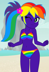 Size: 1291x1882 | Tagged: safe, artist:star-armour95, artist:yaya54320bases, oc, oc only, oc:rainbow flower, human, equestria girls, g4, beach, belly, belly button, bikini, clothes, female, flower, flower in hair, midriff, multicolored hair, outdoors, ponytail, purple skin, rainbow bikini, rainbow hair, rainbow swimsuit, solo, swimsuit