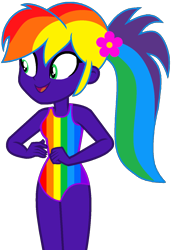 Size: 960x1407 | Tagged: safe, artist:skyfallfrost, artist:star-armour95, oc, oc only, oc:rainbow flower, human, equestria girls, g4, bikini, clothes, female, flower, flower in hair, legs together, multicolored hair, one-piece swimsuit, ponytail, purple skin, rainbow hair, rainbow swimsuit, simple background, solo, swimsuit, transparent background