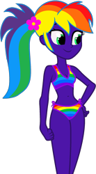 Size: 1115x2022 | Tagged: safe, artist:star-armour95, oc, oc only, oc:rainbow flower, human, equestria girls, g4, belly, belly button, bikini, clothes, female, flower, flower in hair, multicolored hair, ponytail, purple skin, rainbow bikini, rainbow hair, rainbow swimsuit, side-tie bikini, simple background, solo, swimsuit, transparent background