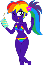 Size: 1644x2460 | Tagged: safe, artist:star-armour95, artist:yaya54320bases, oc, oc only, oc:rainbow flower, human, equestria girls, g4, belly, belly button, bikini, clothes, drink, female, flower, flower in hair, midriff, multicolored hair, ponytail, purple skin, rainbow bikini, rainbow hair, rainbow swimsuit, simple background, solo, swimsuit, transparent background