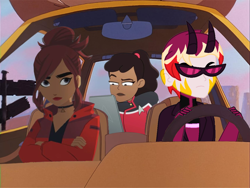 Size: 1280x961 | Tagged: safe, artist:robertsonskywa1, oc, oc:starbreaker firewalker, demon, human, equestria girls, g4, african american, beckett mariner, car, carmen sandiego, clothes, crossed arms, crossover, female, goofy movie meme, hazbin hotel, hellaverse, horns, male, photo, star trek, star trek lower decks, steering wheel, sunglasses, unamused, vitiligo