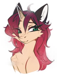 Size: 956x1257 | Tagged: safe, artist:share dast, oc, oc only, oc:fire spark, pony, unicorn, ahoge, blush lines, blushing, bust, cheek fluff, chest fluff, colored ears, colored pinnae, eye clipping through hair, female, gradient horn, gradient mane, hair over one eye, horn, mare, simple background, white background