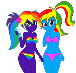 Size: 2592x2503 | Tagged: safe, artist:shieldwingarmorofgod, artist:star-armour95, artist:yaya54320bases, oc, oc only, oc:rainbow flower, oc:royal strength, human, equestria girls, g4, belly, belly button, bikini, blue skin, clothes, duo, duo female, female, flower, flower in hair, midriff, multicolored hair, ponytail, purple skin, rainbow bikini, rainbow hair, rainbow swimsuit, simple background, swimsuit, transparent background, water bottle