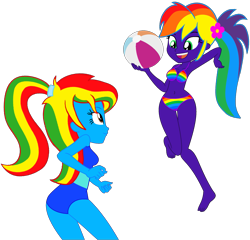 Size: 1937x1862 | Tagged: safe, artist:star-armour95, artist:yaya54320bases, oc, oc only, oc:rainbow flower, oc:royal strength, human, equestria girls, g4, base used, beach ball, belly, belly button, bikini, blue skin, clothes, duo, duo female, feet, female, flower, flower in hair, jumping, legs, midriff, multicolored hair, not rainbow dash, one-piece swimsuit, ponytail, purple skin, rainbow bikini, rainbow hair, rainbow swimsuit, simple background, sports, swimsuit, transparent background, volleyball