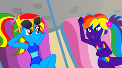 Size: 1200x675 | Tagged: safe, artist:star-armour95, artist:yaya54320bases, oc, oc only, oc:rainbow flower, oc:royal strength, human, equestria girls, g4, lost and found, my little pony equestria girls: better together, beach chair, belly, belly button, bikini, blue skin, chair, clothes, duo, duo female, female, flower, flower in hair, multicolored hair, one-piece swimsuit, outdoors, ponytail, purple skin, rainbow bikini, rainbow hair, rainbow swimsuit, summer, sunbathing, sunglasses, swimsuit