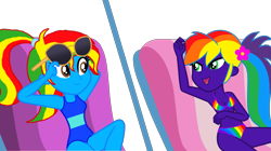 Size: 1998x1118 | Tagged: safe, artist:star-armour95, artist:yaya54320bases, oc, oc only, oc:rainbow flower, oc:royal strength, human, equestria girls, g4, lost and found, my little pony equestria girls: better together, beach chair, belly, belly button, bikini, blue skin, chair, clothes, duo, duo female, female, flower, flower in hair, multicolored hair, one-piece swimsuit, ponytail, purple skin, rainbow bikini, rainbow hair, rainbow swimsuit, simple background, sunbathing, sunglasses, swimsuit, transparent background