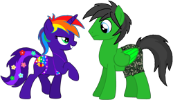 Size: 3183x1829 | Tagged: safe, artist:frostybases, artist:star-armour95, oc, oc only, oc:rainbow flower, oc:star armour, pegasus, pony, unicorn, g4, base used, bikini, clothes, colored wings, colored wingtips, duo, duo male and female, eyes closed, female, flower, flower in tail, folded wings, horn, male, mismatched mane and tail, multicolored hair, rainbow hair, simple background, swimsuit, tail, transparent background, wings