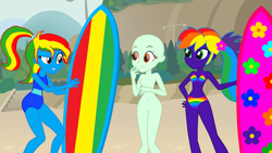 Size: 1280x721 | Tagged: safe, artist:emperor-anri, artist:shieldwingarmorofgod, artist:star-armour95, oc, oc only, oc:rainbow flower, oc:royal strength, human, equestria girls, g4, bald, base, beach, belly, belly button, bikini, blue skin, clothes, eyelashes, female, flower, flower in hair, midriff, multicolored hair, one-piece swimsuit, outdoors, ponytail, purple skin, rainbow bikini, rainbow hair, rainbow swimsuit, smiling, solo, surfboard, swimsuit