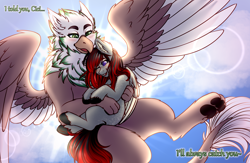 Size: 4000x2600 | Tagged: safe, artist:dewdropinn, oc, oc only, oc:cici, oc:harper, griffon, pony, couple, duo, flying, holding a pony, hug, outdoors, partially open wings, wings