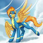 Size: 2816x2816 | Tagged: safe, artist:sierraex, spitfire, pegasus, pony, g4, clothes, cloud, concave belly, crying, female, mare, on a cloud, outdoors, raised leg, sky, slender, solo, spread wings, standing on a cloud, tail, thin, uniform, wings, wonderbolts uniform