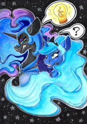 Size: 2453x3481 | Tagged: safe, artist:stirren, nightmare moon, princess luna, alicorn, pony, g4, bust, chest fluff, colored eyebrows, counterparts, crown, duo, evil smile, female, helmet, jewelry, lidded eyes, lightbulb, long mane, looking at each other, looking at someone, luna's crown, mare, open mouth, peytral, portrait, question mark, regalia, sharp teeth, slit pupils, smiling, space, speech bubble, stars, teeth, traditional art