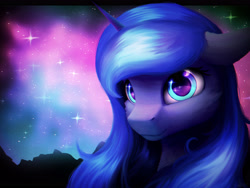 Size: 4000x3000 | Tagged: safe, artist:itssim, princess luna, alicorn, pony, g4, bust, eye reflection, female, floppy ears, horn, light, looking at you, mare, night, portrait, reflection, smiling, smiling at you, solo, sparkles, stars, three quarter view