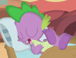 Size: 3518x2708 | Tagged: safe, artist:porygon2z, spike, dragon, g4, cute, eyes closed, feet, feet up, foot focus, golden oaks library, indoors, pillow, sleeping, sleepy, snoring, solo, spikabetes, spike's bed