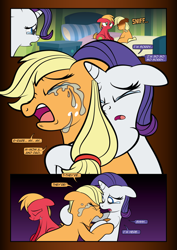 Size: 1920x2715 | Tagged: safe, artist:alexdti, applejack, big macintosh, rarity, earth pony, pony, unicorn, comic:how we met, g4, bed, colt big macintosh, crying, depressed, depressing, depression, female, filly, filly applejack, filly rarity, horn, implied bright mac, implied death, implied pear butter, male, sad, tears of pain, younger