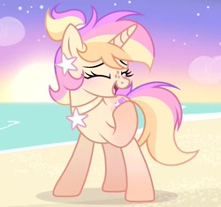 Size: 1296x1220 | Tagged: safe, artist:cstrawberrymilk, oc, oc only, oc:aurora borealis, pony, unicorn, base used, beach, blushing, cream coat, eyelashes, eyes closed, female, female oc, gradient background, gradient legs, hair accessory, hairclip, hoof over mouth, horn, laughing, mare, mare oc, multicolored mane, multicolored tail, ocean, outdoors, peytral, ponytail, screencap background, show accurate, sky, solo, standing on three hooves, sun, tail, three quarter view, turned head, unicorn oc, water, yellow coat