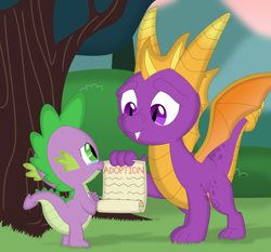 Size: 3527x3290 | Tagged: safe, artist:porygon2z, spike, dragon, g4, adoption, butt, contract, crossover, cute, daaaaaaaaaaaw, forest background, heartwarming, male, outdoors, paper, scroll, spyro the dragon, spyro the dragon (series), tree