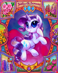 Size: 2400x3000 | Tagged: safe, artist:whitediamonds, rarity, pony, unicorn, g4, beautiful, commission, cute, eyeshadow, female, flower, high res, horn, makeup, mare, raribetes, smiling, solo, tabitha st. germain, underhoof