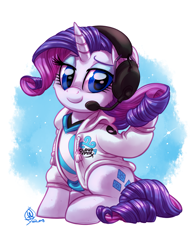 Size: 1583x2048 | Tagged: safe, artist:whitediamonds, rarity, pony, unicorn, g4, clothes, cloud9, commission, esports, eyeshadow, female, headphones, headset, hoodie, horn, league of legends, lidded eyes, looking at you, makeup, mare, shirt, sitting, smiling, smiling at you, solo