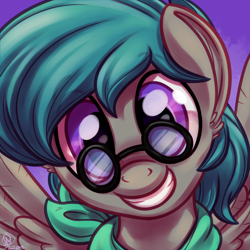 Size: 1800x1800 | Tagged: safe, artist:whitediamonds, oc, oc only, oc:vanguard velocity, pegasus, pony, bust, clothes, commission, glasses, looking at you, male, portrait, scarf, smiling, smiling at you, solo, spread wings, stallion, wings