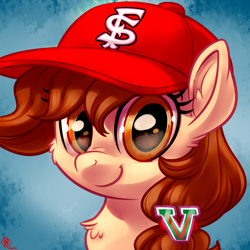 Size: 1800x1800 | Tagged: safe, artist:whitediamonds, oc, oc only, oc:vanilla creame, pegasus, pony, baseball cap, cap, chest fluff, commission, cute, ear fluff, female, fresno state bulldogs, hat, looking at you, mare, smiling, smiling at you, solo, sports