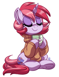 Size: 2550x3300 | Tagged: safe, artist:whitediamonds, oc, oc only, oc:dawnfire, pony, unicorn, clothes, ear fluff, eyes closed, female, food, horn, mare, mug, simple background, sitting, solo, sweater, tea, underhoof, unicorn oc, white background