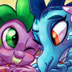 Size: 1800x1800 | Tagged: safe, artist:whitediamonds, princess ember, spike, dragon, g4, blushing, commission, cute, dragoness, duo, duo male and female, female, jewelry, looking at each other, looking at someone, male, married, married couple, one eye closed, ring, ship:emberspike, shipping, spikabetes, straight, wedding ring, wink