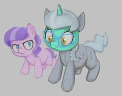 Size: 997x780 | Tagged: safe, artist:darkdoomer, diamond tiara, lyra heartstrings, earth pony, pony, g4, clothes, costume, disguise, duo, female, filly, foal, gray background, looking at someone, simple background