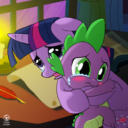 Size: 2000x2000 | Tagged: safe, artist:supersmurgger, spike, twilight sparkle, dragon, pony, unicorn, g4, affection, candle, crying, cute, duo, duo male and female, female, floppy ears, friend, guilty, horn, hug, indoors, love, male, mama twilight, mare, mother and child, mother and son, quill, reconciliation, scroll, unicorn twilight, wingless spike