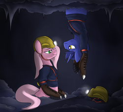 Size: 2400x2191 | Tagged: safe, artist:avastmb, oc, oc only, oc:cobalt, oc:peach blossom, pony, cave, duo, duo male and female, fanfic art, female, headlamp, helmet, light, looking at each other, looking at someone, male, smiling, spelunking, stuck, upside down