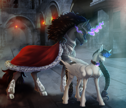 Size: 2926x2500 | Tagged: safe, artist:eville6, artist:universalevil, king sombra, oc, oc:silver strings, pegasus, pony, unicorn, g4, armor, beard, braid, castle, choker, cloak, clothes, commission, curved horn, duo, facial hair, female, fetlock tuft, horn, magic, male, mare, sombra eyes, stallion, ych result