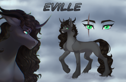 Size: 4688x3031 | Tagged: safe, artist:universalevil, oc, oc only, unicorn, curly hair, eye scar, facial scar, high res, horn, long hair, looking at you, multiple horns, raised hoof, reference sheet, scar, smiling, smiling at you, solo