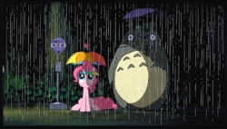 Size: 1001x569 | Tagged: safe, edit, pinkie pie, earth pony, g4, duo, hat, looking up, my neighbor totoro, rain, screenshots, totoro, umbrella, umbrella hat