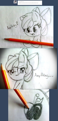 Size: 1280x2646 | Tagged: safe, artist:arielsbx, apple bloom, pony, ask little applebloom, g4, fourth wall, monochrome, pencil, traditional art