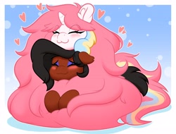 Size: 4096x3118 | Tagged: safe, artist:tatemil, oc, oc:lux, oc:nekonin, :3, blushing, cuddling, female, fluffy, male, passepartout