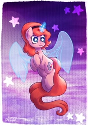 Size: 2100x3000 | Tagged: safe, artist:simpledoggo, oc, oc only, oc:dazha, pony, unicorn, g4, artificial wings, augmented, blue eyes, cute, draw this in your style, female, female oc, flying, glowing, glowing horn, hairband, horn, in the sky, long tail, magic, magic aura, magic wings, mare, mare oc, night, night sky, ocbetes, orange hair, orange mane, orange tail, passepartout, pony oc, sky, smiling, solo, stars, tail, transparent wings, unicorn oc, wings