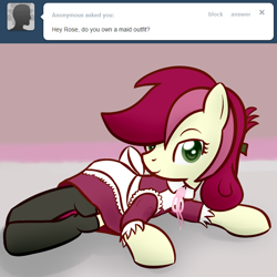 Size: 650x650 | Tagged: safe, artist:why485, roseluck, earth pony, ask the flower trio, g4, ask, clothes, female, maid, seductive pose, socks, solo, tumblr