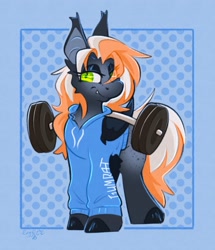 Size: 1698x1973 | Tagged: safe, artist:ezzerie, oc, oc only, bat pony, pony, bat pony oc, clothes, female, freckles, hoodie, lidded eyes, mare, passepartout, signature, solo, weights