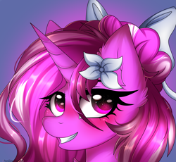 Size: 2639x2428 | Tagged: safe, artist:2pandita, oc, oc only, oc:cherry blossom, pony, unicorn, blushing, bow, bust, cute, female, flower, flower in hair, hair bow, horn, mare, portrait, smiling, solo