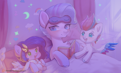 Size: 2416x1460 | Tagged: safe, artist:anku, pipp petals, queen haven, zipp storm, pegasus, pony, g5, adorapipp, adorazipp, bed, bedroom, blanket, book, cute, female, filly, filly pipp petals, filly zipp storm, foal, indoors, lidded eyes, mare, mother and child, mother and daughter, open mouth, open smile, pillow, royal sisters (g5), siblings, sisters, sleep mask, smiling, spread wings, sweet dreams fuel, toy, trio, trio female, wings, younger