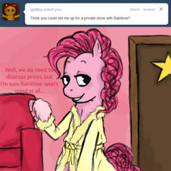 Size: 500x499 | Tagged: source needed, safe, artist:crookedtrees, pinkie pie, earth pony, pony, g4, ask, bipedal, clothes, female, implied rainbow dash, indoors, lidded eyes, mare, no iris, robe, solo, tumblr