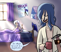 Size: 1280x1097 | Tagged: safe, artist:7nights, princess luna, trixie, human, ask human luna, g4, ask, bed, clothes, coffee, female, hat, humanized, indoors, pillow, poster, s1 luna, speech bubble, teeth, trixie's hat, tumblr, window