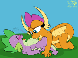 Size: 3000x2250 | Tagged: safe, artist:rupert, smolder, spike, dragon, g4, my little pony: friendship is magic, belly, blushing, cute, dialogue, dragon day, dragoness, duo, duo male and female, eyes closed, female, kneeling, laughing, lidded eyes, lying down, male, on back, onomatopoeia, outdoors, raspberry, raspberry noise, smolderbetes, spikabetes, spike day, ticklish tummy, tongue out, tummy buzz, winged spike, wings